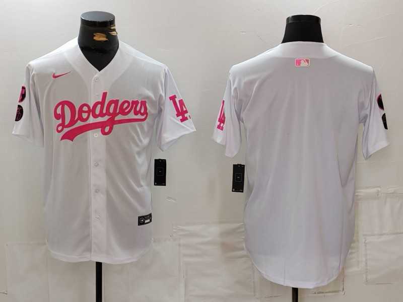 Mens Los Angeles Dodgers Team Big Logo White Pink Vin & Kobe Patch Stitched Baseball Jersey